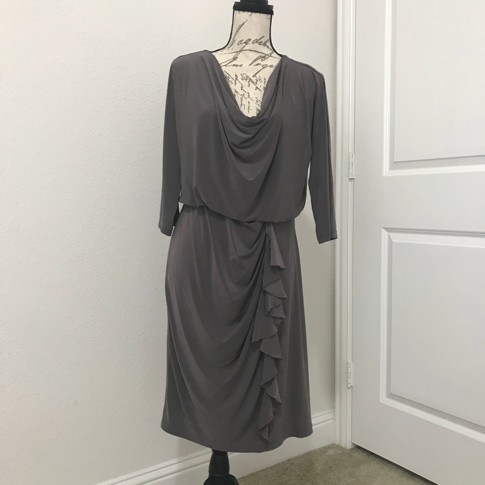 Adrianna Papell taupe draped sheath dress